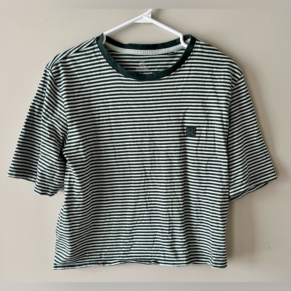 Jack & Jones 100% Organic Cotton Oversized Boxy Green Striped Tee Size Large - Picture 2 of 8